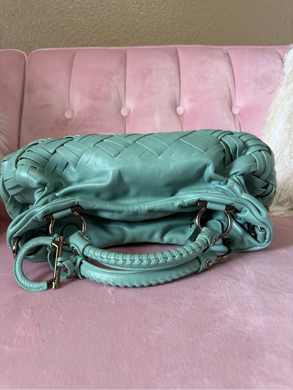 💯Auth! Salvatore Ferragamo Sofia Green Woven Leather Top-Handle Bag Gunmetal HW - Picture 7 of 14